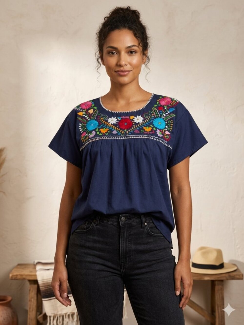Mexican Import - Embroidered Navy Women's Peasant Top
